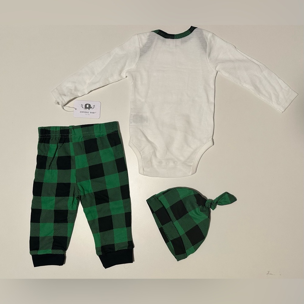 NWT Emporio Baby 6-9M 3pc Holiday Set Green and Black Plaid - Picture 3 of 10